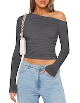 Top Corto Zeagoo Para Mujer  Manga Larga  Hombros Descubiertos  Gris Oscuro - Venta Internacional.
