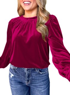 Foto 2 | Foto 2 | Top Leiyee Para Mujer Terciopelo Abullonado Manga Larga Rojo Burdeos - Venta Internacional.