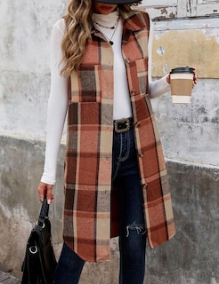 Foto 2 | Foto 2 | Chaleco Mywinway Largo A Cuadros Para Mujer 2024 Otoño Invierno Naranja - Venta Internacional.