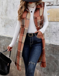 Foto 3 | Foto 3 | Chaleco Mywinway Largo A Cuadros Para Mujer 2024 Otoño Invierno Naranja - Venta Internacional.