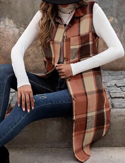 Foto 5 | Foto 5 | Chaleco Mywinway Largo A Cuadros Para Mujer 2024 Otoño Invierno Naranja - Venta Internacional.