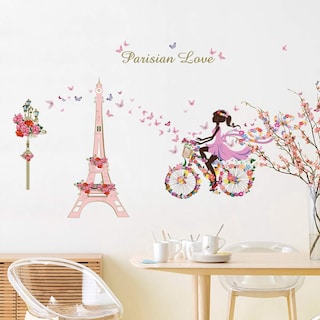 Foto 2 | Foto 2 | Adhesivos De Pared Ufengke Para Niña  Bicicleta  Torre Eiffel  Flores - Venta Internacional.