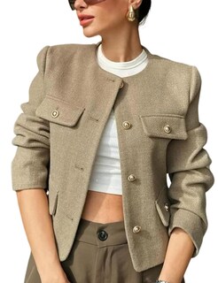 Foto 1 | Foto 1 | Chaqueta Corta De Tweed Blazer Vdwip Para Mujer Color Caqui Talla S - Venta Internacional.