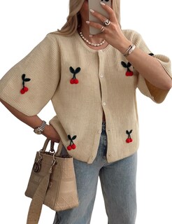 Foto 1 | Foto 1 | Jersey Tipo Cárdigan Tiqoje Cherry Design Para Mujer Color Beige Talla L - Venta Internacional.