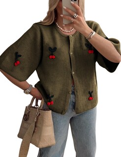 Foto 1 | Foto 1 | Jersey Tipo Cárdigan Tiqoje  Casual  Elegante  De Punto De Cerezo  Para Mujer  Verde Militar - Venta Internacional.