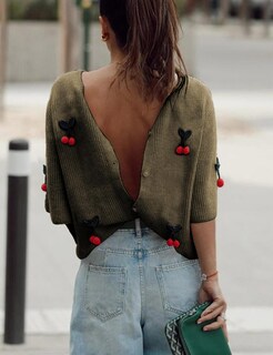 Foto 4 | Foto 4 | Jersey Tipo Cárdigan Tiqoje  Casual  Elegante  De Punto De Cerezo  Para Mujer  Verde Militar - Venta Internacional.