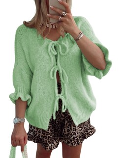 Foto 1 | Foto 1 | Jersey Tipo Cárdigan Tiqoje Para Mujer Manga 3/4 Lazo En La Parte Delantera Verde - Venta Internacional.