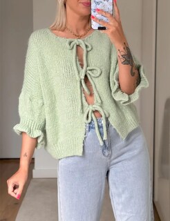Foto 3 | Foto 3 | Jersey Tipo Cárdigan Tiqoje Para Mujer Manga 3/4 Lazo En La Parte Delantera Verde - Venta Internacional.