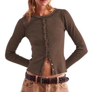 Foto 1 | Foto 1 | Camisa Tipo Cárdigan Wefebi Para Mujer Ajustada De Punto Acanalado Color Café - Venta Internacional.