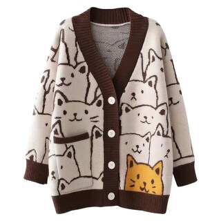 Foto 1 | Foto 1 | Chaqueta Tipo Suéter Para Mujer Con Dibujos Animados Kawaii Diseño De Gato Color Café Talla Xl - Venta Internacional.