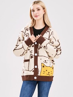 Foto 2 | Foto 2 | Chaqueta Tipo Suéter Para Mujer Con Dibujos Animados Kawaii Diseño De Gato Color Café Talla Xl - Venta Internacional.