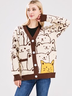Foto 4 | Foto 4 | Chaqueta Tipo Suéter Para Mujer Con Dibujos Animados Kawaii Diseño De Gato Color Café Talla Xl - Venta Internacional.