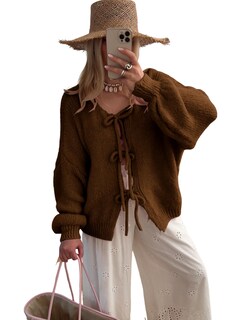 Foto 1 | Foto 1 | Jersey De Punto Skikyan Con Corbatín De Punto Cuello En V De Gran Tamaño Marrón - Venta Internacional.