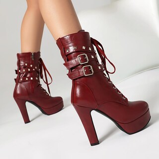 Foto 7 | Foto 7 | Botas Foremode Para Mujer Con Cordones Con Cordones Tacón Alto Y Grueso Color Rojo - Venta Internacional.