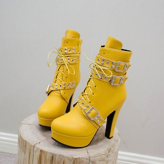 Foto 4 | Foto 4 | Botas Foremode Para Mujer Con Cordones Con Cordones Tacón Alto Y Grueso De Color Amarillo - Venta Internacional.
