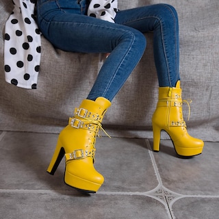 Foto 5 | Foto 5 | Botas Foremode Para Mujer Con Cordones Con Cordones Tacón Alto Y Grueso De Color Amarillo - Venta Internacional.