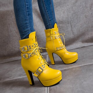 Foto 7 | Foto 7 | Botas Foremode Para Mujer Con Cordones Con Cordones Tacón Alto Y Grueso De Color Amarillo - Venta Internacional.