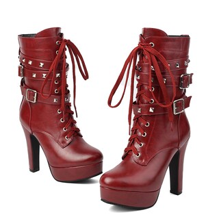 Foto 2 | Foto 2 | Botas Foremode Autumn Para Mujer Color Rojo Grueso Tacón Alto Plataforma - Venta Internacional.