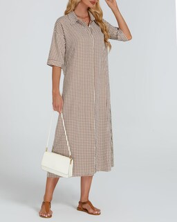 Foto 5 | Foto 5 | Vestido Largo Yexpine A Cuadros De Media Manga Con Cuello En V Y Cinturón Marrón - Venta Internacional.