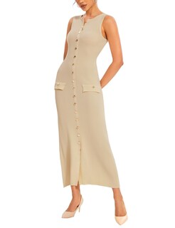 Foto 1 | Foto 1 | Vestido Largo Bqdcqb De Punto Sin Mangas Ajustado Acanalado Caqui Para Mujer - Venta Internacional.
