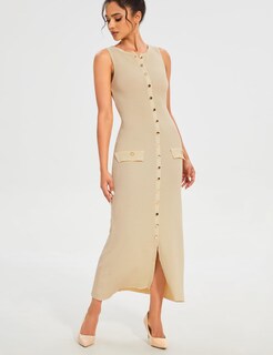 Foto 2 | Foto 2 | Vestido Largo Bqdcqb De Punto Sin Mangas Ajustado Acanalado Caqui Para Mujer - Venta Internacional.