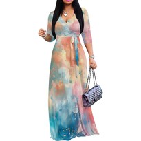 Vestido Largo Rosa Con Estampado Floral Cuello En V Mangas 3/4 Y Cinturón Para Mujer - Venta Internacional.