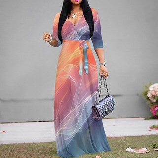 Foto 4 | Foto 4 | Vestido Largo Rosa Con Estampado Floral  Cuello En V  Mangas 3/4 Y Cinturón Para Mujer - Venta Internacional.