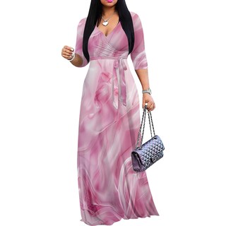 Foto 1 | Foto 1 | Vestido Largo Rosa Con Estampado Floral Cuello En V Mangas 3/4 Y Cinturón Para Mujer - Venta Internacional.