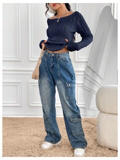 Foto 6 | Foto 6 | Jersey Makemechic Con Hombros Descubiertos Tejido Trenzado Azul Para Mujer - Venta Internacional.