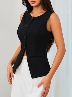 Foto 4 | Foto 4 | Chaleco Tipo Blazer Sin Mangas Con Dobladillo Dividido Y Botones - Venta Internacional.