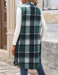 Foto 2 | Foto 2 | Chaleco Mywinway Largo A Cuadros Para Mujer 2024 Otoño Invierno Verde Xl - Venta Internacional.