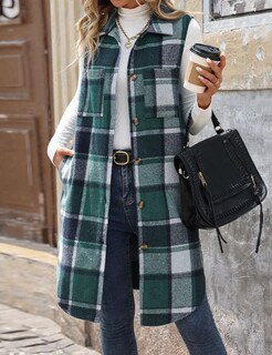 Foto 5 | Foto 5 | Chaleco Mywinway Largo A Cuadros Para Mujer 2024 Otoño Invierno Verde Xl - Venta Internacional.