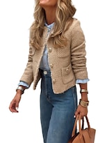 Chaqueta Tipo Blazer Hathne Para Mujer Tweed Corta Color Caqui Talla S - Venta Internacional.