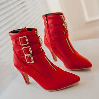 Foto 4 | Foto 4 | Botines Meotina Con Hebilla Y Punta Puntiaguda Tacones Altos Rojos 7.5 - Venta Internacional.