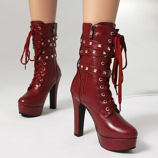 Foto 6 | Foto 6 | Botas Foremode Autumn Para Mujer Color Rojo Grueso Tacón Alto Plataforma - Venta Internacional.