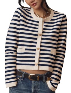 Foto 1 | Foto 1 | Cárdigan Lentta Para Mujer Punto A Rayas Cuello Redondo Botón Azul Marino Talla Xs - Venta Internacional.
