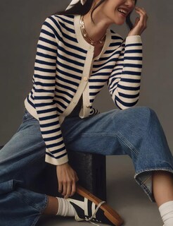 Foto 2 | Foto 2 | Cárdigan Lentta Para Mujer  Punto A Rayas  Cuello Redondo  Botón  Azul Marino  Talla Xs - Venta Internacional.