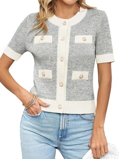 Foto 1 | Foto 1 | Cárdigan Langwyqu Para Mujer Manga Corta Con Botones Gris - Venta Internacional.