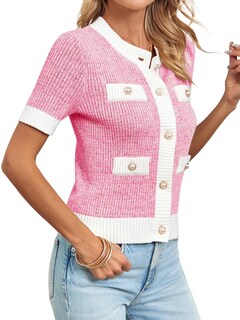 Foto 3 | Foto 3 | Cárdigan Langwyqu Para Mujer De Manga Corta Con Botones Color Rosa - Venta Internacional.