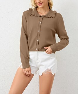 Foto 3 | Foto 3 | Jersey Aihukocy Para Mujer Con Botones Y Volantes Color Marrón - Venta Internacional.