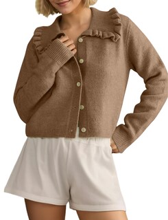 Foto 1 | Foto 1 | Jersey Tipo Cárdigan Icobid Para Mujer  Punto  Cuello Con Volantes  Color Camel - Venta Internacional.