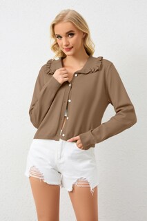 Foto 2 | Foto 2 | Jersey Tipo Cárdigan Icobid Para Mujer  Punto  Cuello Con Volantes  Color Camel - Venta Internacional.