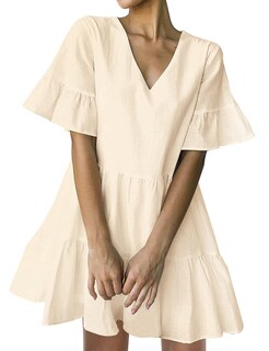 Foto 1 | Foto 1 | Vestido Fancyinn Bonito Y Recto Manga Acampanada Cuello En V Beige S - Venta Internacional.