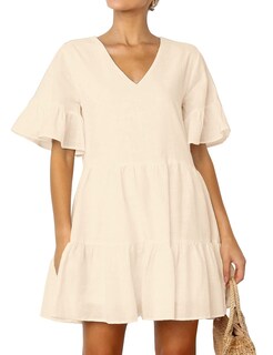 Foto 3 | Foto 3 | Vestido Fancyinn Bonito Y Recto Manga Acampanada Cuello En V Beige S - Venta Internacional.