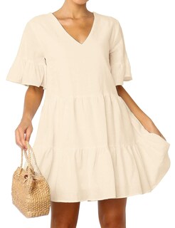 Foto 4 | Foto 4 | Vestido Fancyinn Bonito Y Recto Manga Acampanada Cuello En V Beige S - Venta Internacional.