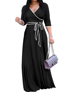 Foto 1 | Foto 1 | Vestido Largo Fandee Para Mujer Manga 3/4 Cuello En V Bolsillo Y Cinturón - Venta Internacional.