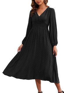 Foto 1 | Foto 1 | Vestido Kormei Para Mujer Casual Bohemio Cuello En V Lunares Suizos Otoño Midi Negro - Venta Internacional.