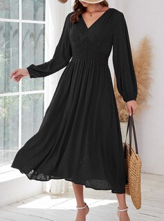 Foto 2 | Foto 2 | Vestido Kormei Para Mujer Casual Bohemio Cuello En V Lunares Suizos Otoño Midi Negro - Venta Internacional.