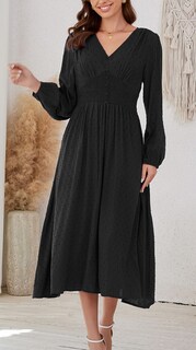 Foto 3 | Foto 3 | Vestido Kormei Para Mujer Casual Bohemio Cuello En V Lunares Suizos Otoño Midi Negro - Venta Internacional.