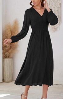 Foto 4 | Foto 4 | Vestido Kormei Para Mujer Casual Bohemio Cuello En V Lunares Suizos Otoño Midi Negro - Venta Internacional.